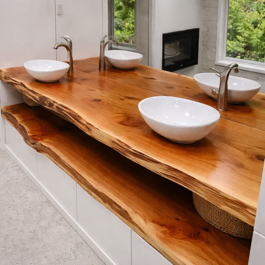 A wooden bathroom countertop with two white vessel sinks and silver faucets, set against a window with a view of greenery.