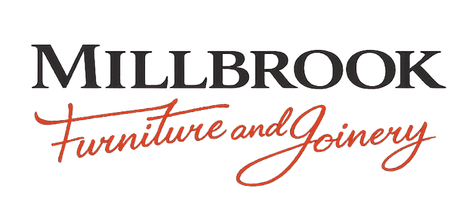 "Millbrook Furniture and Joinery" text logo with "Millbrook" in black uppercase letters and "Furniture and Joinery" in red cursive script.