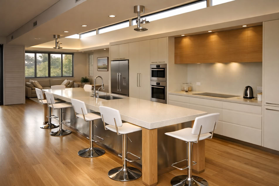 Modern kitchen with a long island counter, four white bar stools, stainless steel appliances, wooden flooring, and recessed lighting.
