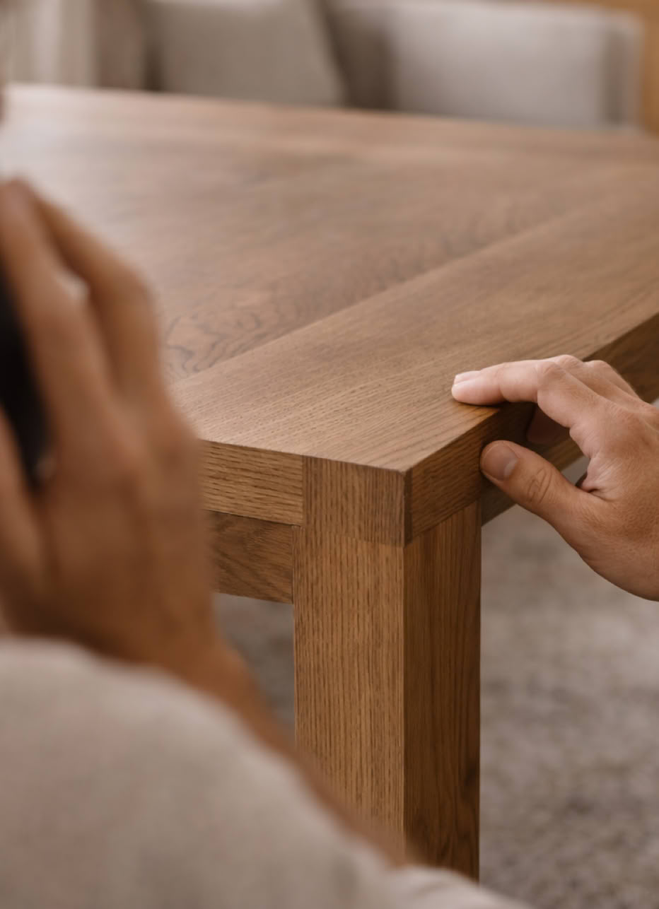 A person holding a phone to their ear with one hand and touching the corner of a wooden table with the other hand.